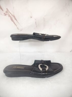EUC Brighton "Jive" Black/ Brown Slide Sandals with Decorative Silver Accent
